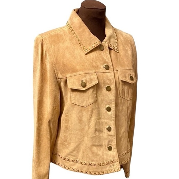 Tribal Suede Tan Leather Jacket With Gold Sequin & Beaded Trim, Womens size 10 - Picture 5 of 16